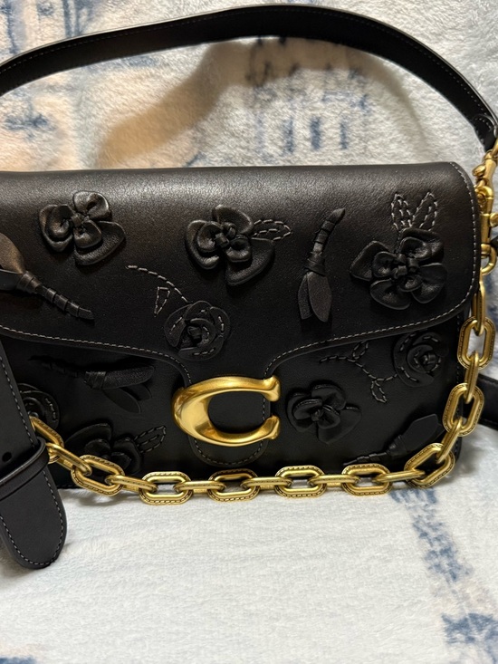 Coach Black Leather Floral Appliqué Tabby 26 Shoulder Bag with Gold Hardware